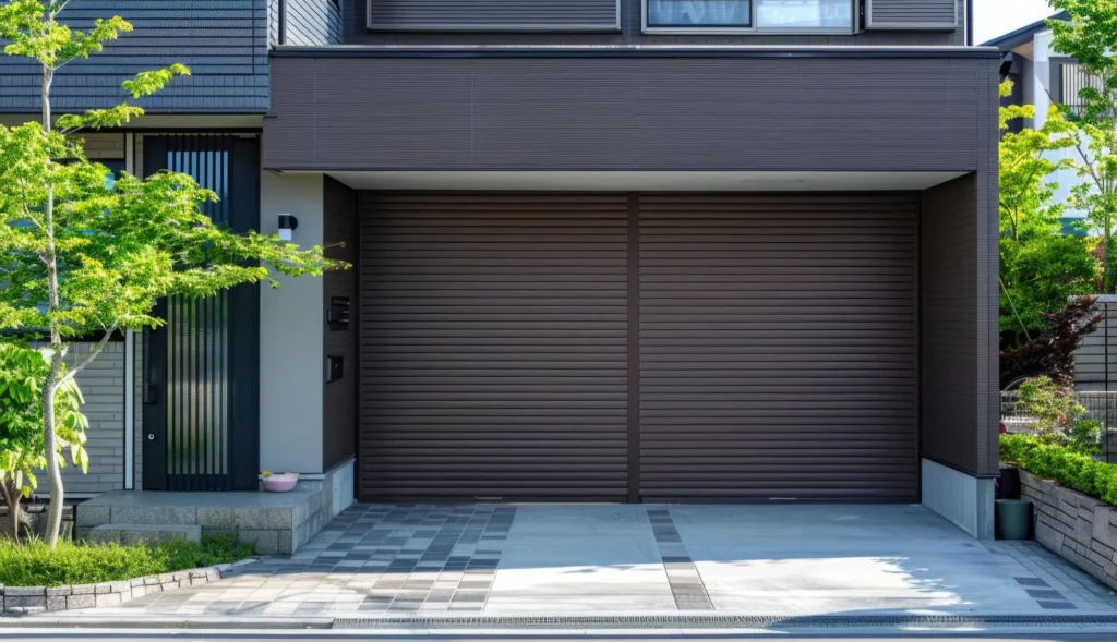 Closed brown garage door of a modern house with a shaded driveway and greenery on the sides.