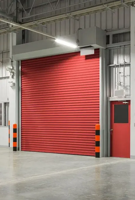 Large red industrial roll-up door next to a matching red pedestrian door inside a warehouse with concrete flooring.