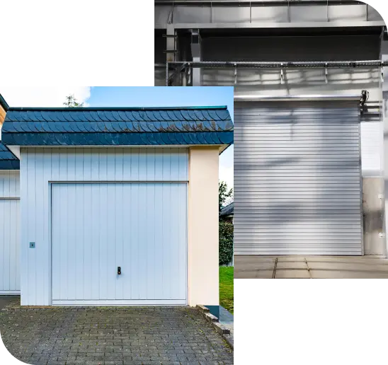 Three different garage doors: one white panel, one metal roll-up, and one partially visible industrial-style door.