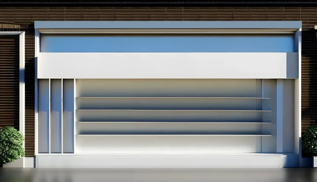 A closed, modern storefront with empty horizontal display shelves and two small green bushes on either side of the entrance.